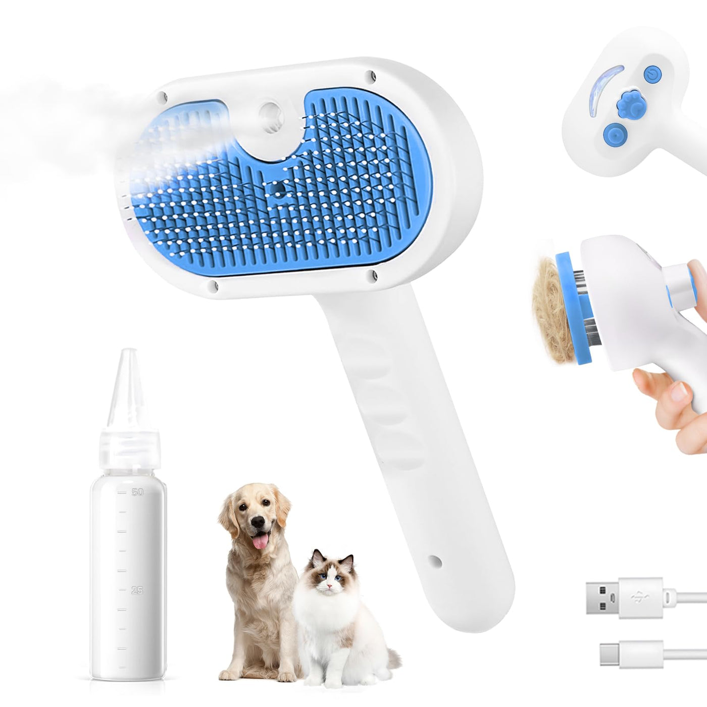 Pet Steam Brush for Dog & Cat - 3-in-1 Steam Grooming Brush for Shedding & Hair Removal - Self Cleaning Spray Comb with Mist for Long Haired Pets - Includes 1*Waterless Shampoo, Blue