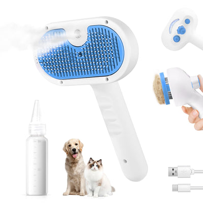 Pet Steam Brush for Dog & Cat - 3-in-1 Steam Grooming Brush for Shedding & Hair Removal - Self Cleaning Spray Comb with Mist for Long Haired Pets - Includes 1*Waterless Shampoo, Blue