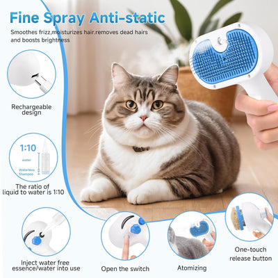 Pet Steam Brush for Dog & Cat - 3-in-1 Steam Grooming Brush for Shedding & Hair Removal - Self Cleaning Spray Comb with Mist for Long Haired Pets - Includes 1*Waterless Shampoo, Blue