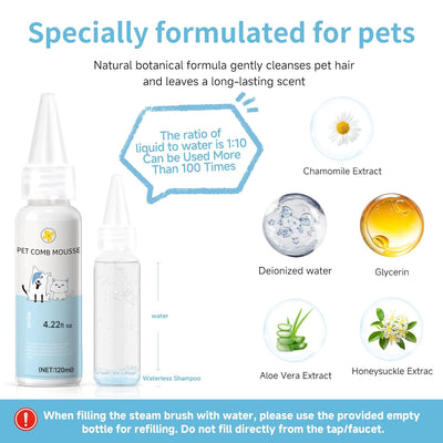 Pet Steam Brush for Dog & Cat - 3-in-1 Steam Grooming Brush for Shedding & Hair Removal - Self Cleaning Spray Comb with Mist for Long Haired Pets - Includes 1*Waterless Shampoo, Blue