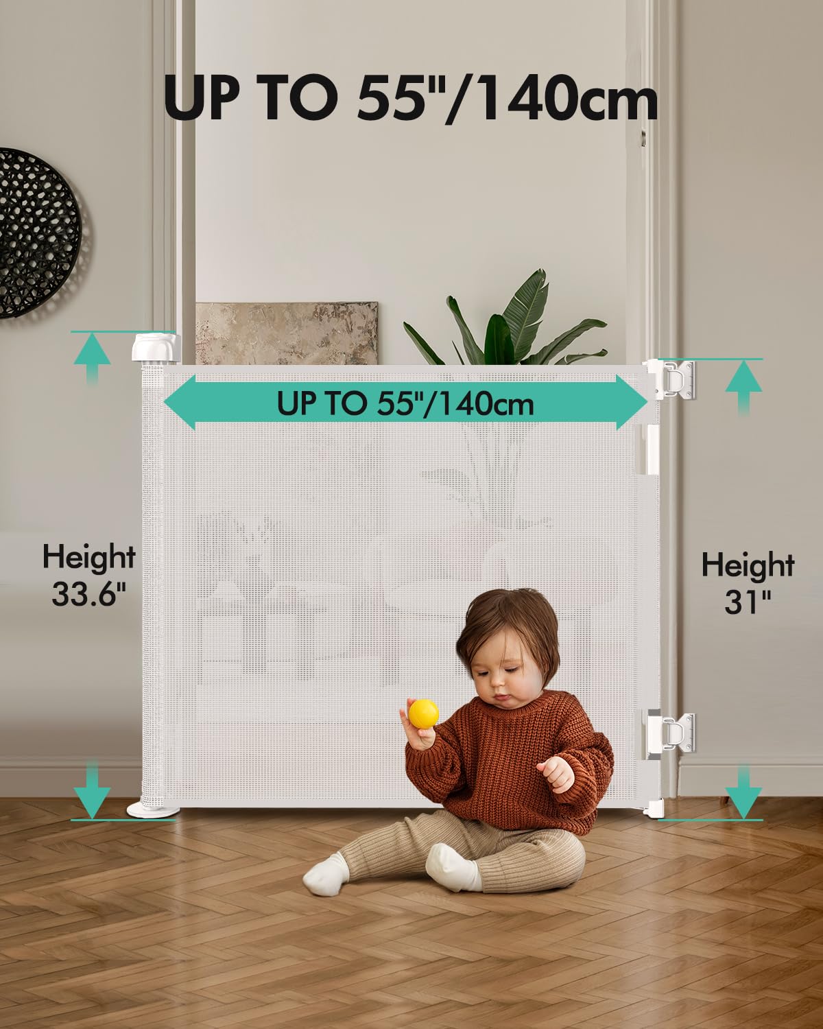 Retractable Baby Gate 33" Tall x 55" Wide - Mesh Safety Gate for Stairs & Doorways