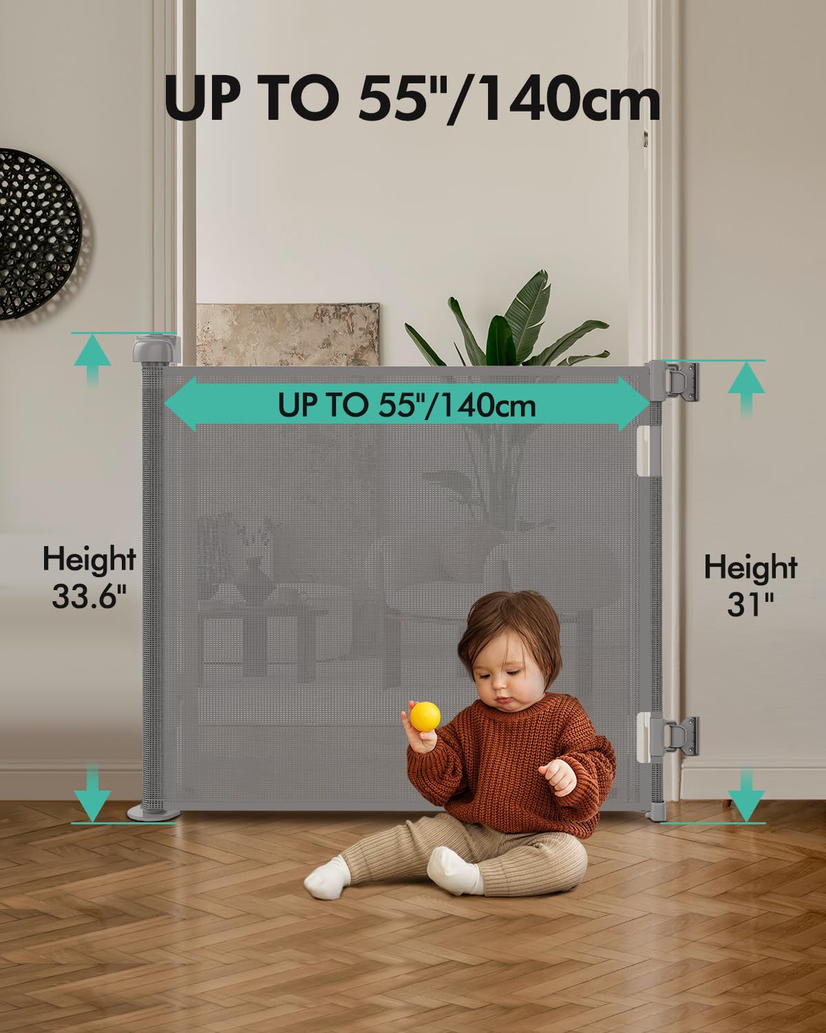 Retractable Baby Gate 33" Tall x 55" Wide - Mesh Safety Gate for Stairs & Doorways