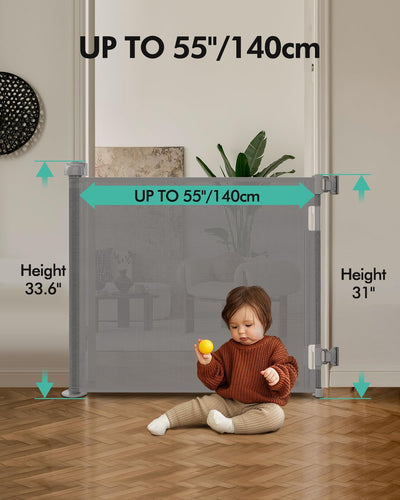 Retractable Baby Gate 33" Tall x 55" Wide - Mesh Safety Gate for Stairs & Doorways