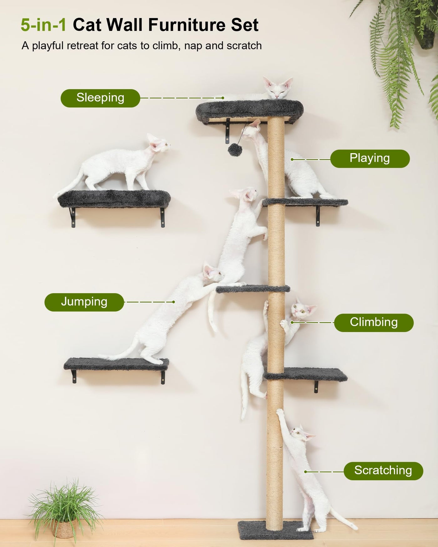 Cat Wall Shelves - 3-in-1 Wooden Wall Mounted Furniture Set with Scratching Post