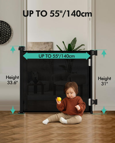 Retractable Baby Gate 33" Tall x 55" Wide - Mesh Safety Gate for Stairs & Doorways