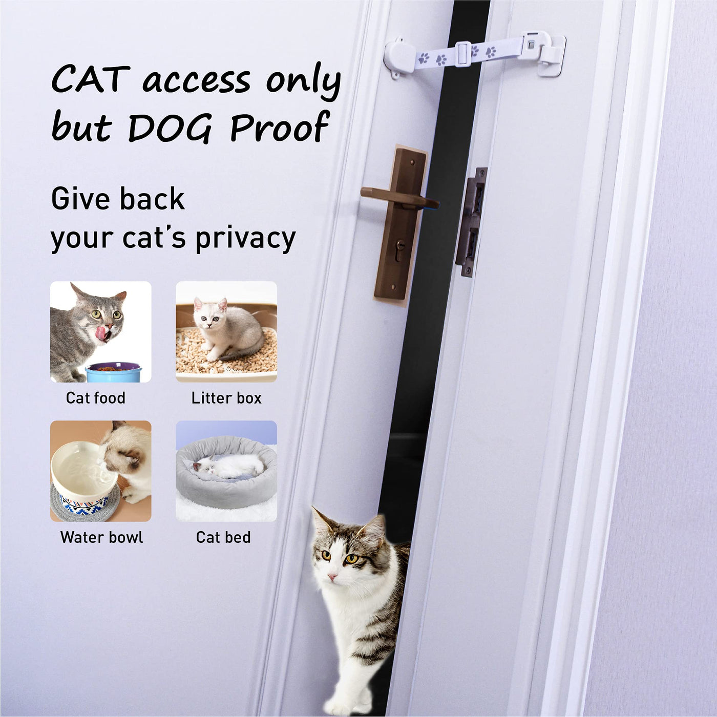 Adjustable Door Strap & Latch for Cats - Dog Proof Litter Box Door Holder Alternative to Pet Gate