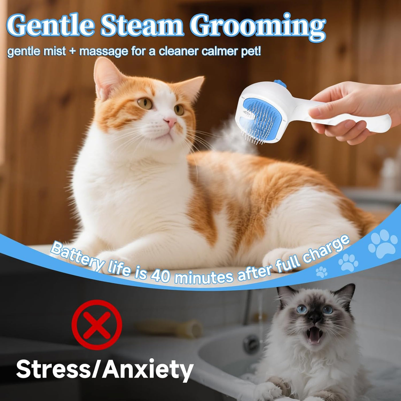 Pet Steam Brush for Dog & Cat - 3-in-1 Steam Grooming Brush for Shedding & Hair Removal - Self Cleaning Spray Comb with Mist for Long Haired Pets - Includes 1*Waterless Shampoo, Blue