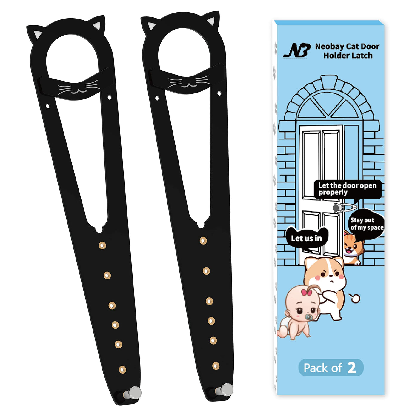 Cat Door Latch with Stabilizer (2 Pack) - 7 Adjustable Sizes Keep Dogs Out of Litter Box